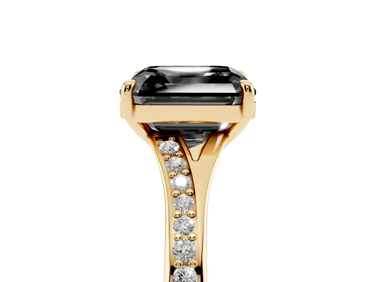 Fancy Black Asscher Cut Diamond Solitaire Ring with Pavé Band and Prong Setting Yellow gold