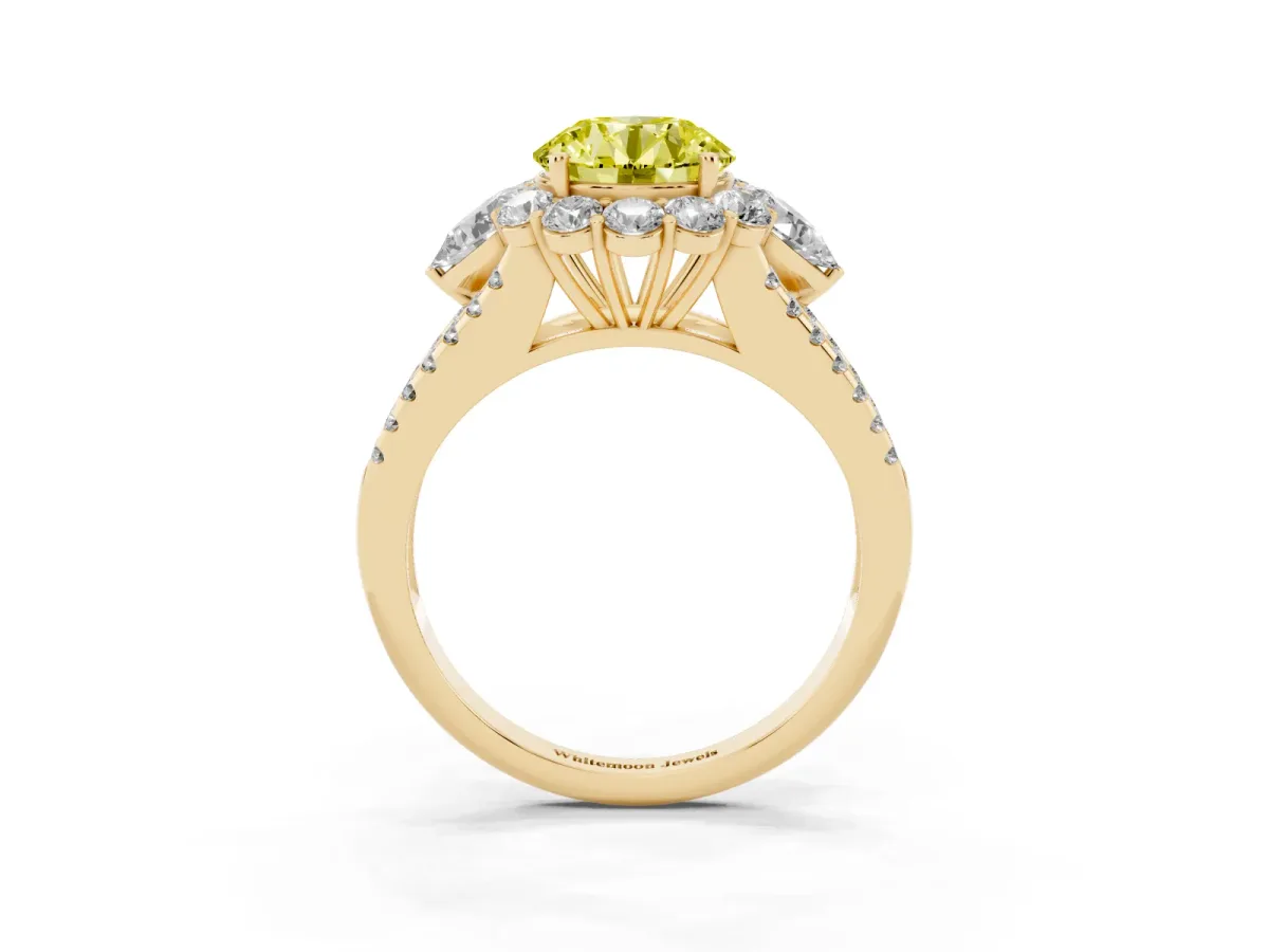 Fancy Yellow Round Cut Halo Split Shank Diamond Engagement Ring with Prong Setting Yellow gold