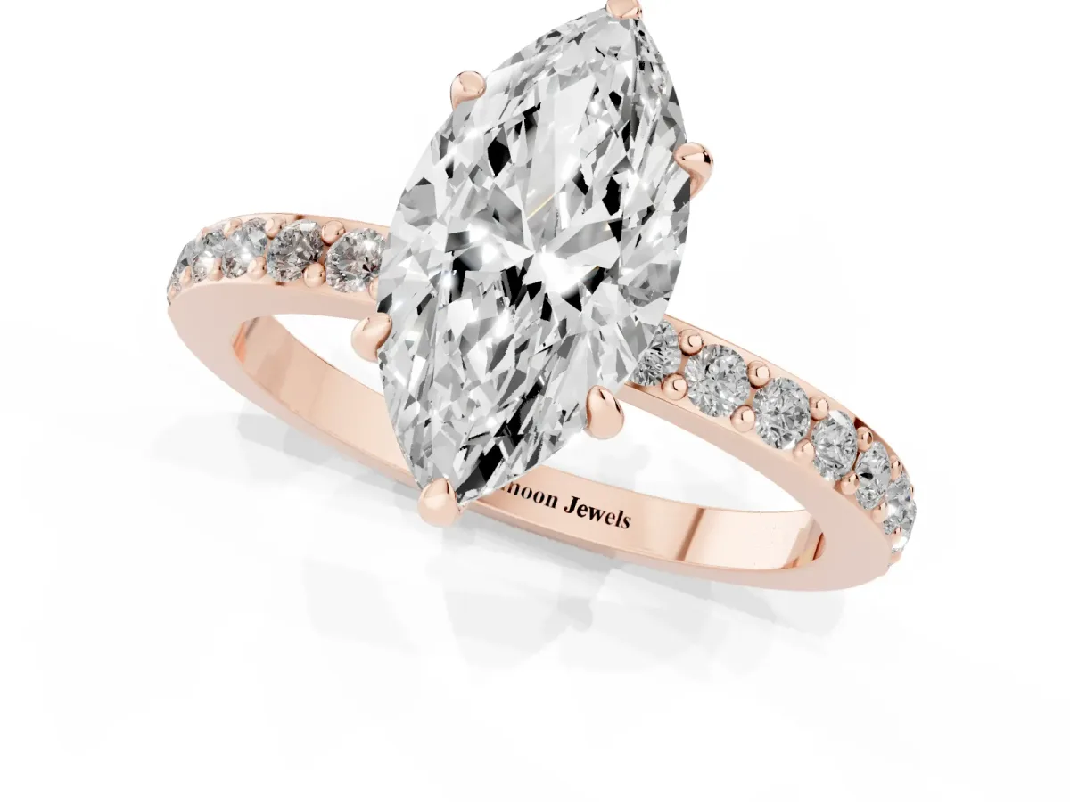 Marquise Cut Diamond Pavé Engagement Ring with Round Accents and Prong Setting Rose gold