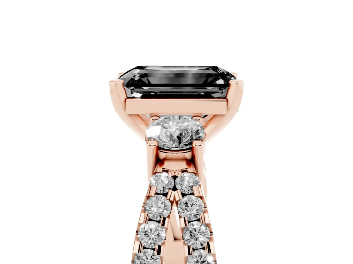 Fancy Black Emerald Cut Diamond Three-Stone Ring with Pavé Split Shank and Four-Prong Setting Rose gold