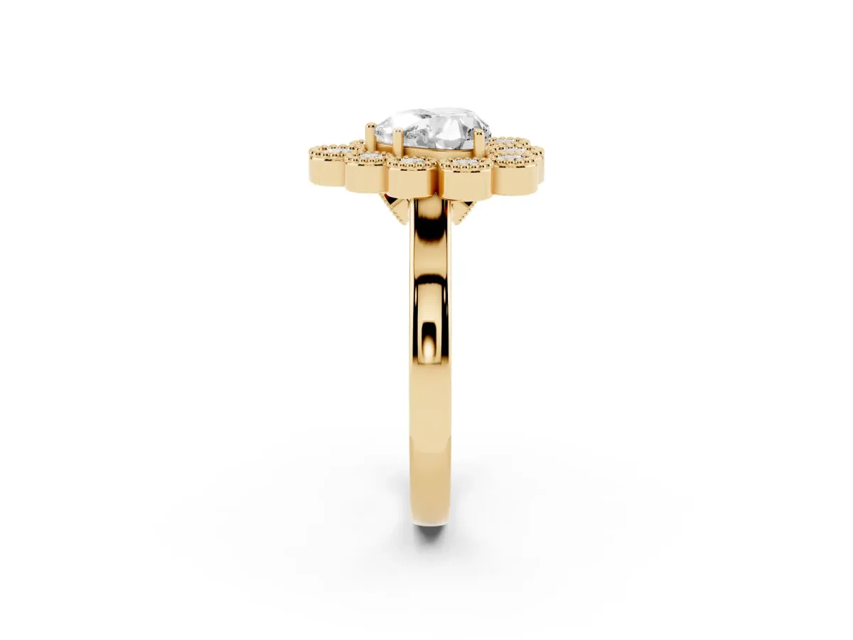 Heart Cut Halo Diamond Cluster Engagement Ring with Milgrain Bezel Setting and Solitaire Band Yellow gold