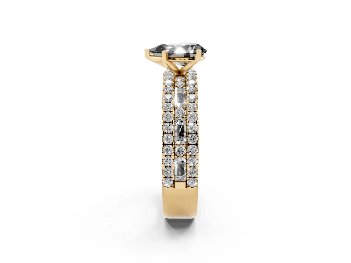 Fancy Black Pear Cut Diamond Solitaire Ring with Pavé and Channel Set Band Yellow gold