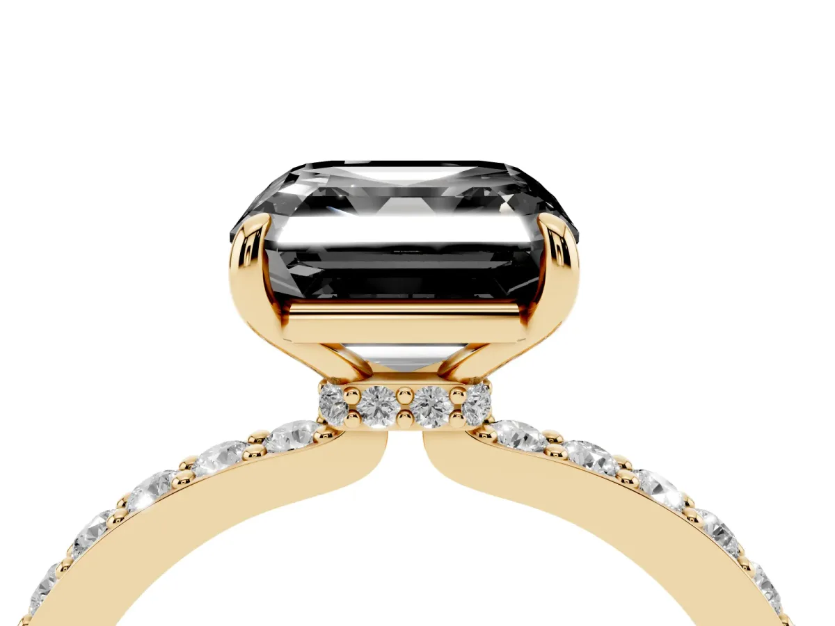 Fancy Black Asscher Cut Diamond Pavé Engagement Ring with Round Accents and Prong Setting Yellow gold