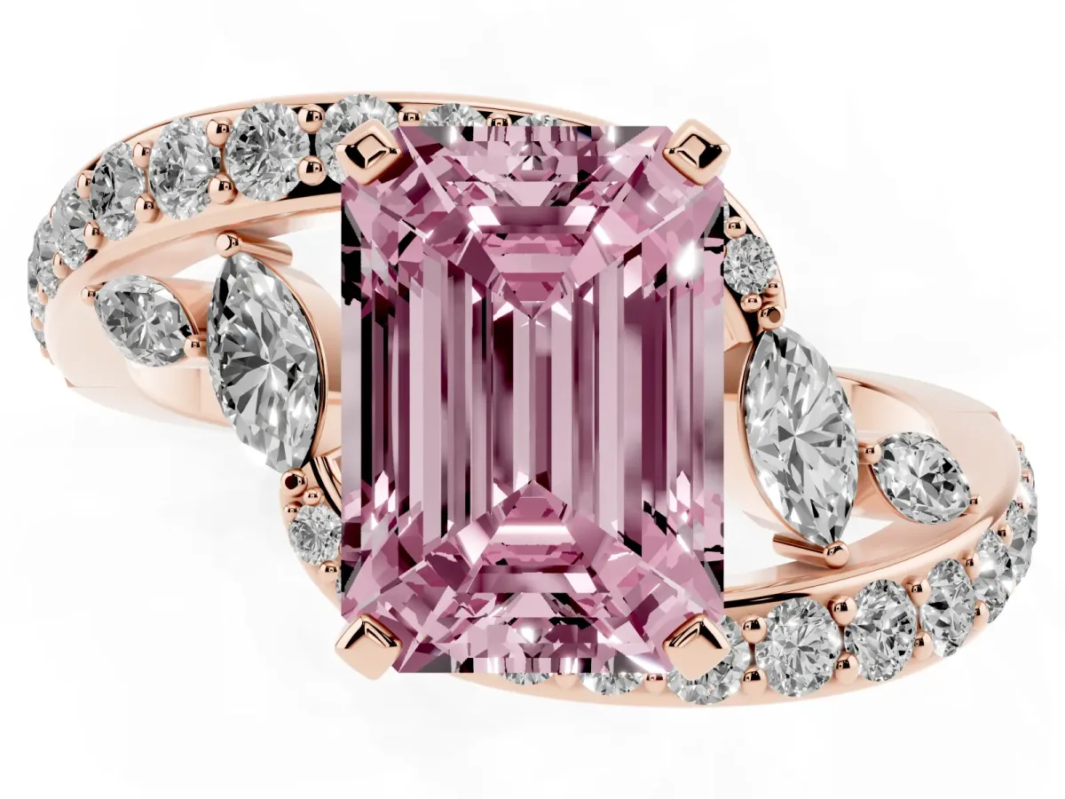 Fancy Pink Emerald Cut Solitaire with Pavé Twist Band and Four-Prong Setting Rose gold