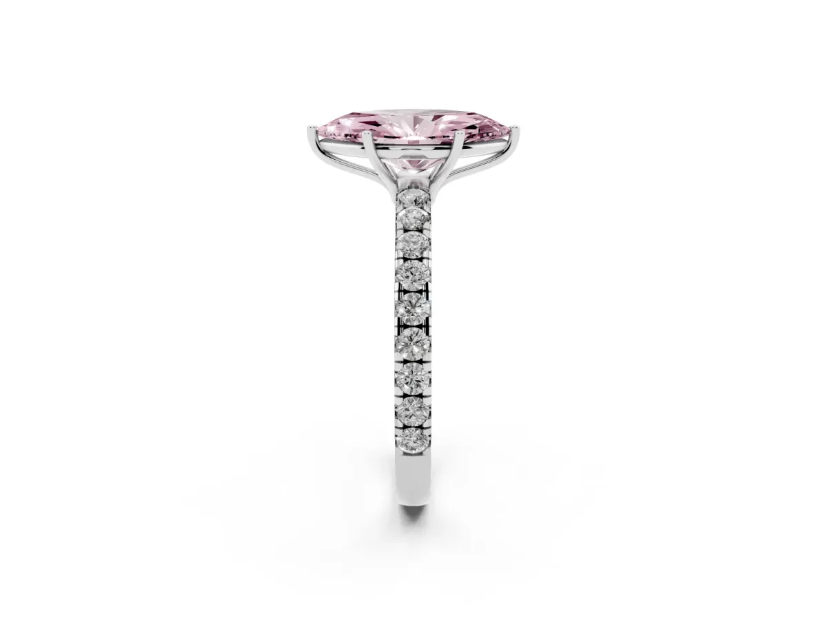Fancy Pink Marquise Cut Diamond Pavé Solitaire Engagement Ring with Four-Prong Setting Silver