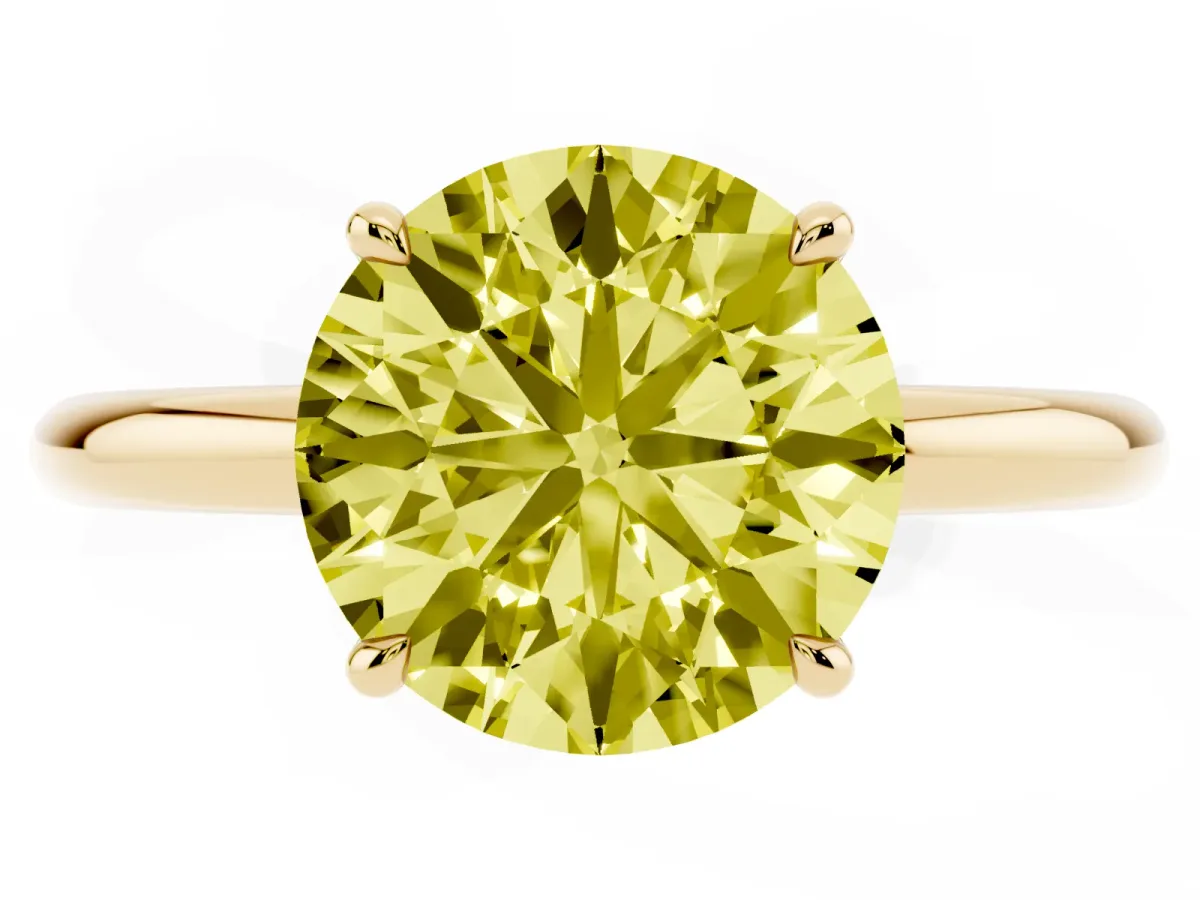 Fancy Yellow Round Cut Diamond Solitaire Ring with Thin Band and Four-Prong Setting Yellow gold