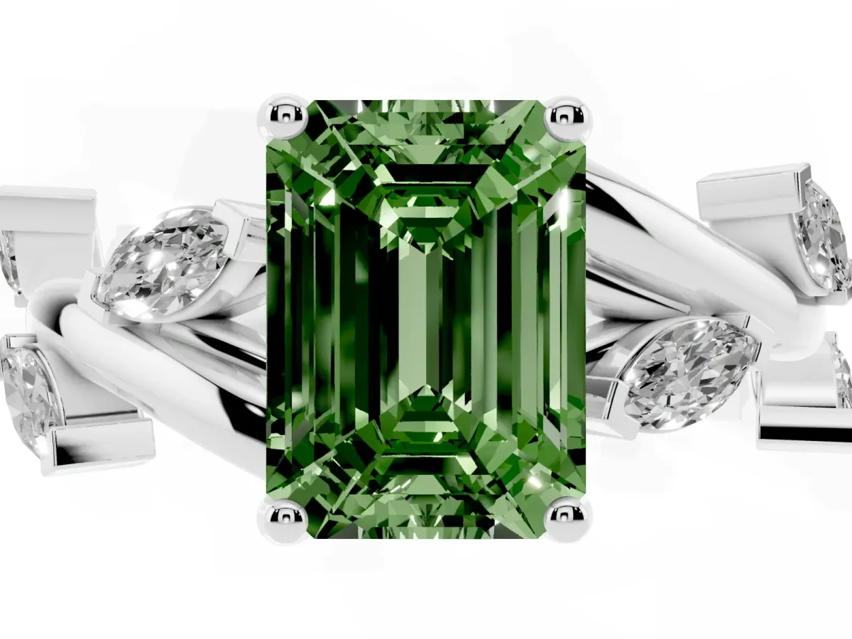 Fancy Green Emerald Cut Solitaire Twisted Band Marquise Accent Prong Setting Ring White gold