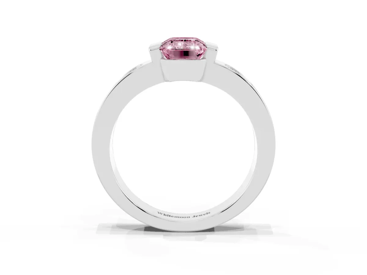 Fancy Pink Emerald Cut Brilliant Channel-Set Diamond Ring with Bezel Prong Setting Platinum