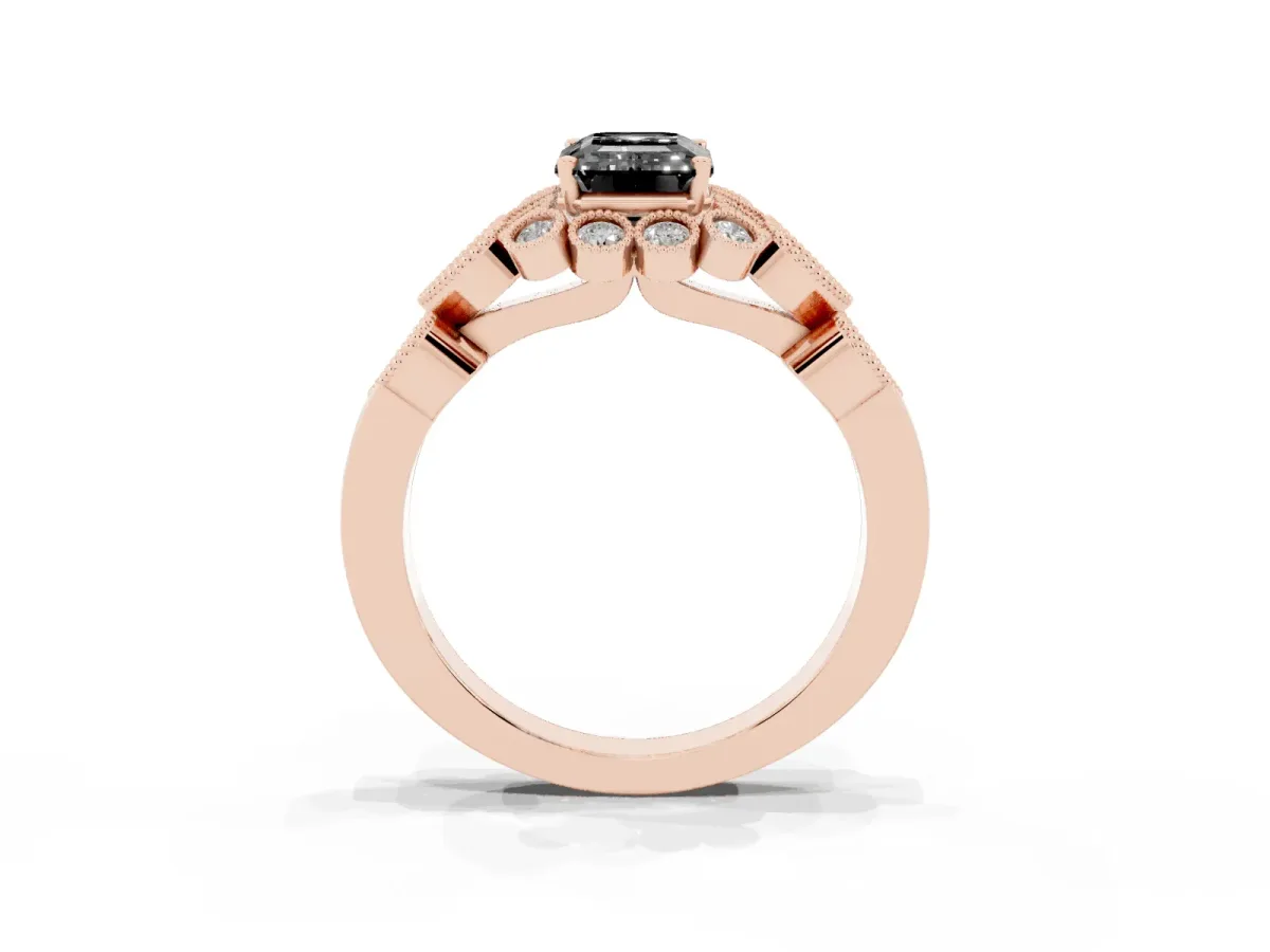 Fancy Black Emerald Cut Brilliant Milgrain Pave Heart Band Solitaire Ring Rose gold