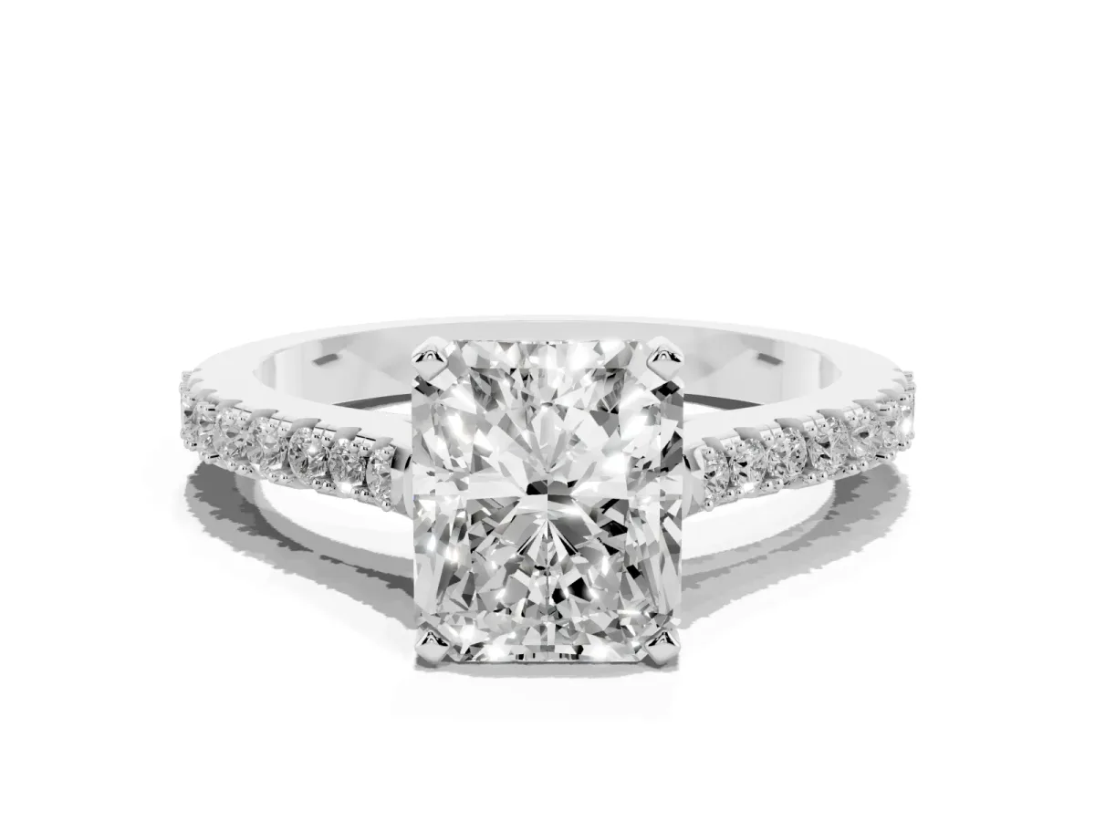 Radiant Cut Cut Solitaire Diamond Engagement Ring with Pave Band and Four-Prong Setting Platinum