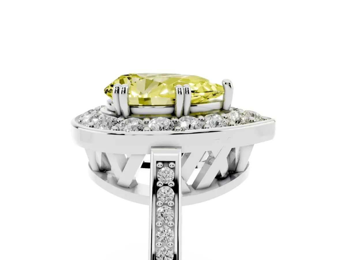Fancy Yellow Pear Cut Diamond Halo Ring with Split Shank and Four-Prong Setting Silver