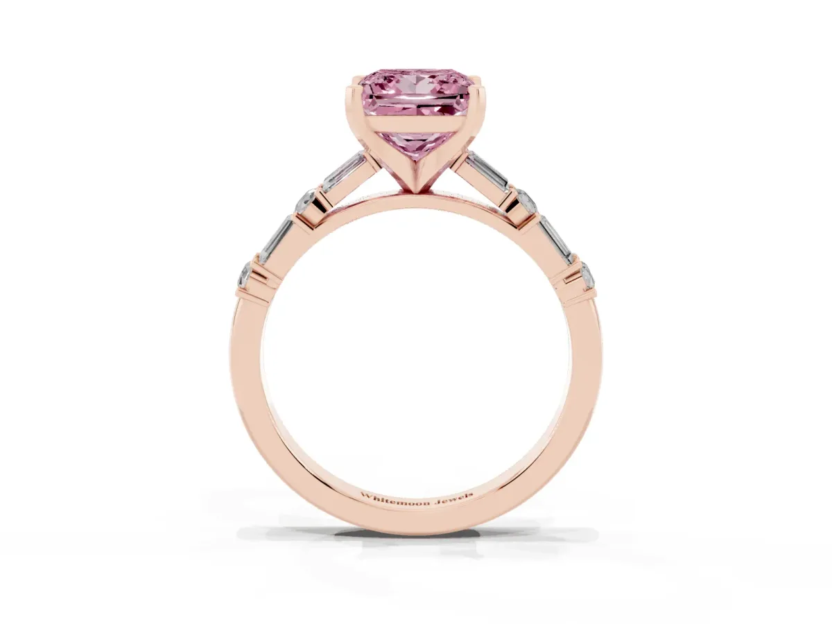Fancy Pink Princess Cut Diamond Solitaire with Side Baguettes and Channel Set Band Rose gold