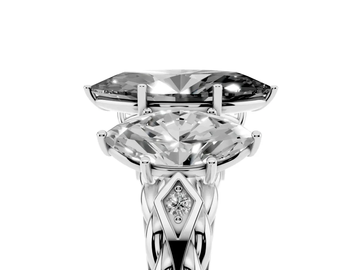Fancy Black Three-Stone Marquise Cut Diamond Braided Band Ring with Four-Prong Setting Platinum