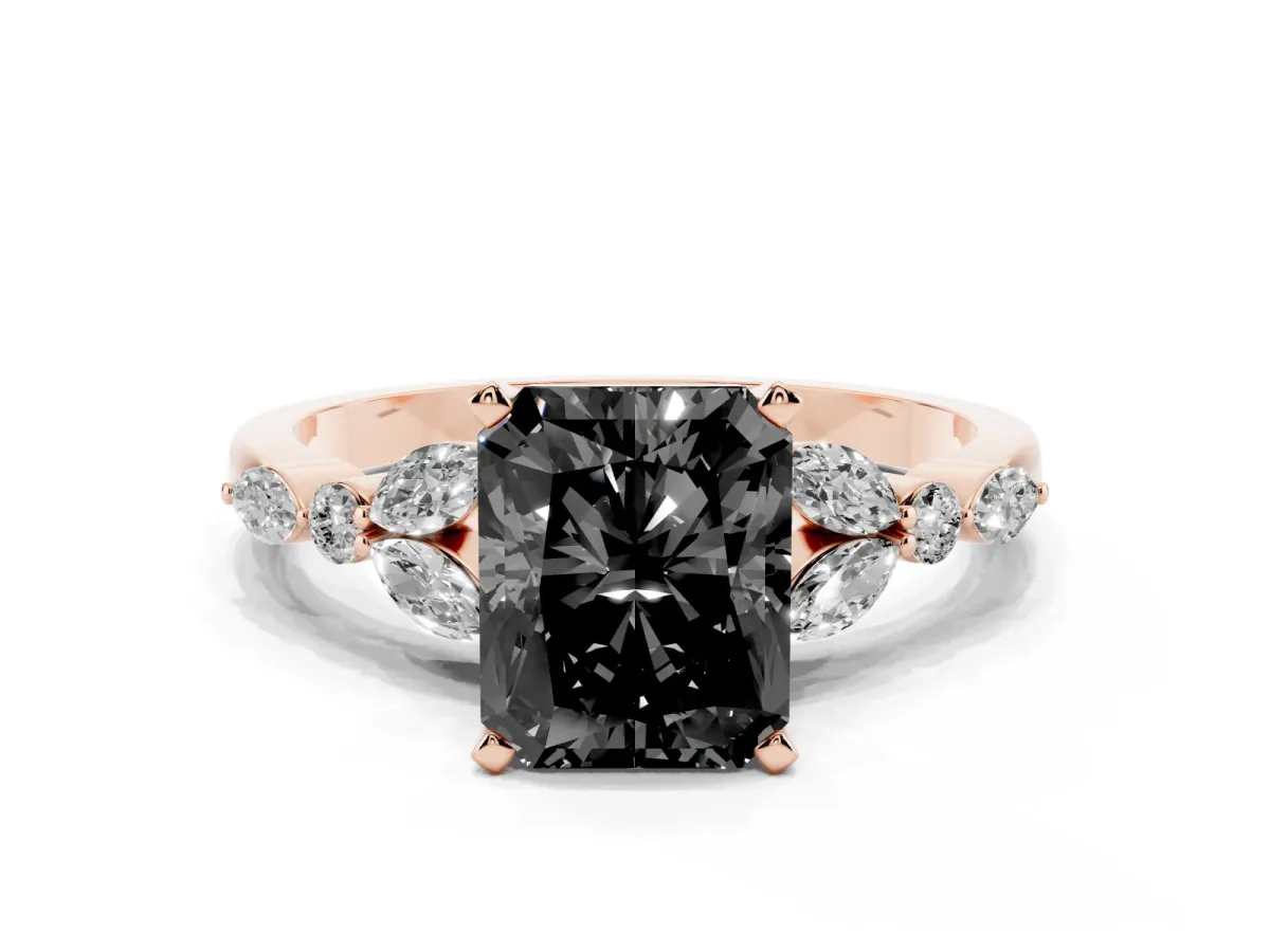 Fancy Black Radiant Cut Diamond Solitaire Ring with Side Stones and Four-Prong Setting Rose gold