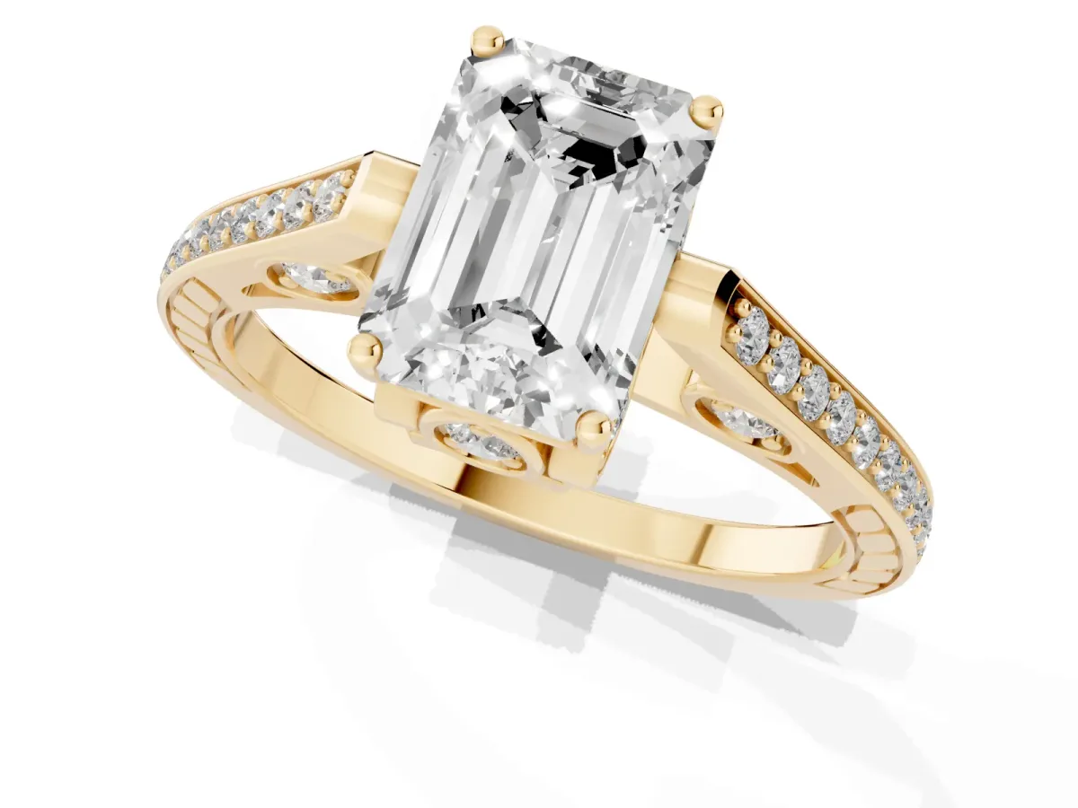 Emerald Cut Cut Cathedral Pave Diamond Engagement Ring with Six-Prong Setting Yellow gold