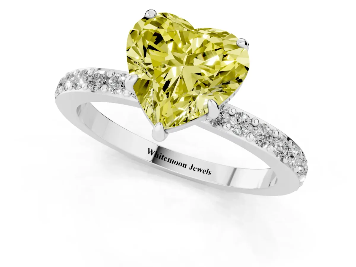 Fancy Yellow Heart Cut Diamond Pavé Engagement Ring with Round Accents and Prong Setting Silver