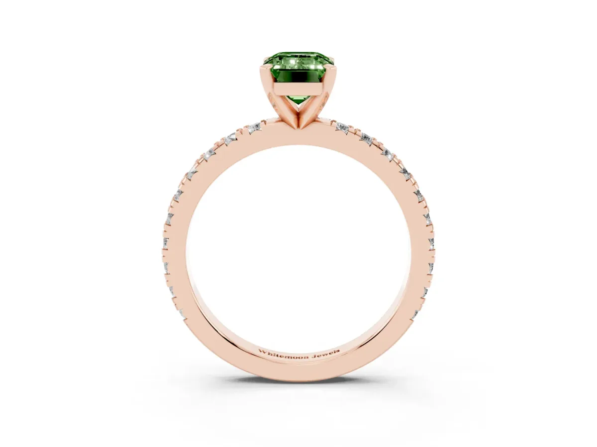 Fancy Green Emerald Cut Diamond Pavé Band Solitaire with Four-Prong Setting Rose gold