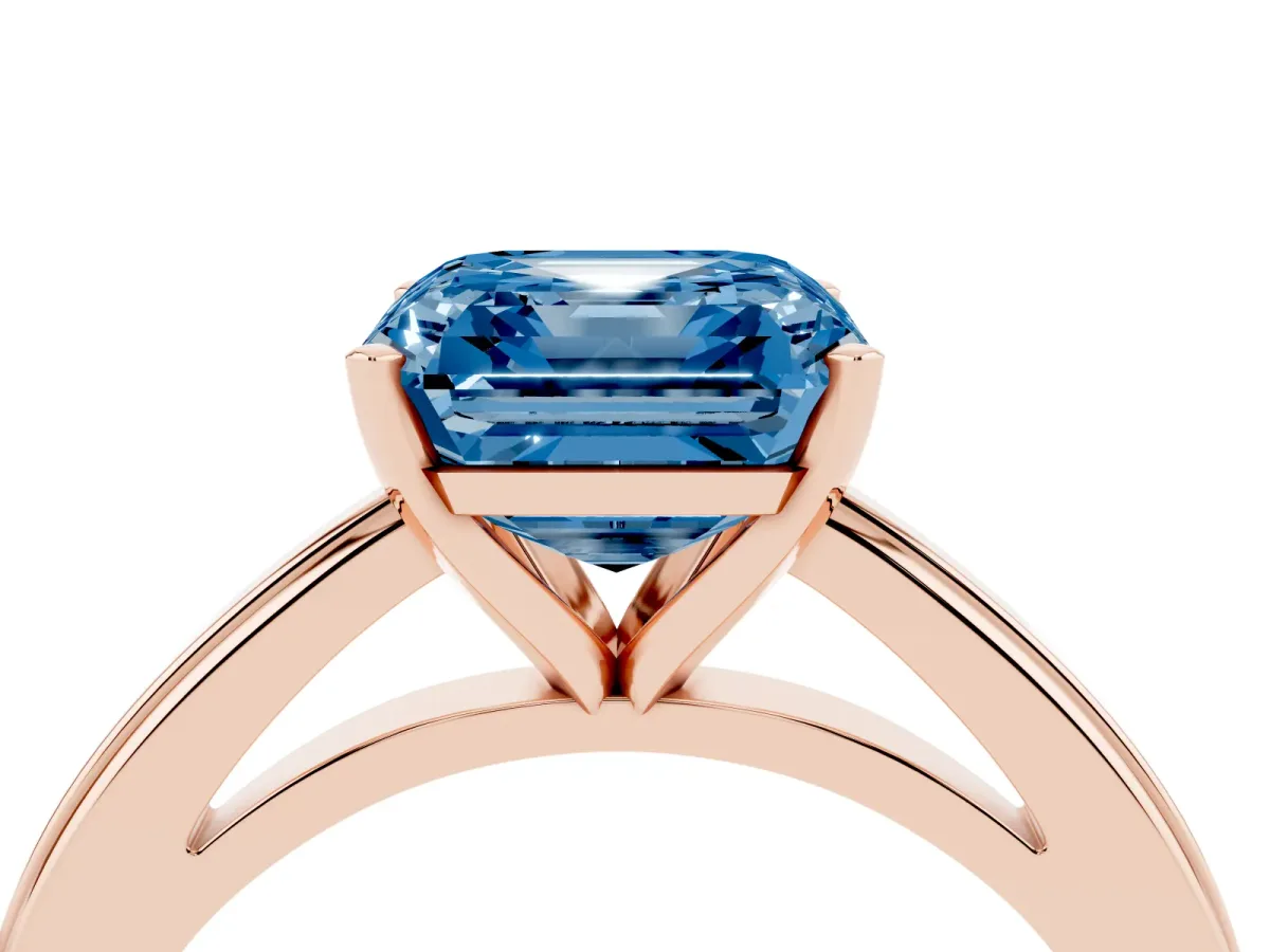 Fancy Blue Asscher Cut Solitaire Diamond Ring with Four-Prong Setting and Classic Band Rose gold