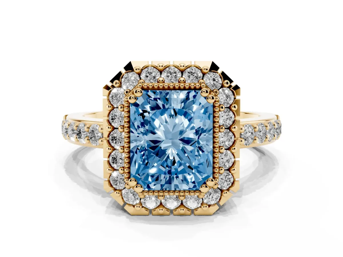 Fancy Blue Radiant Cut Diamond Halo Ring with Pavé Band and Prong Setting Yellow gold