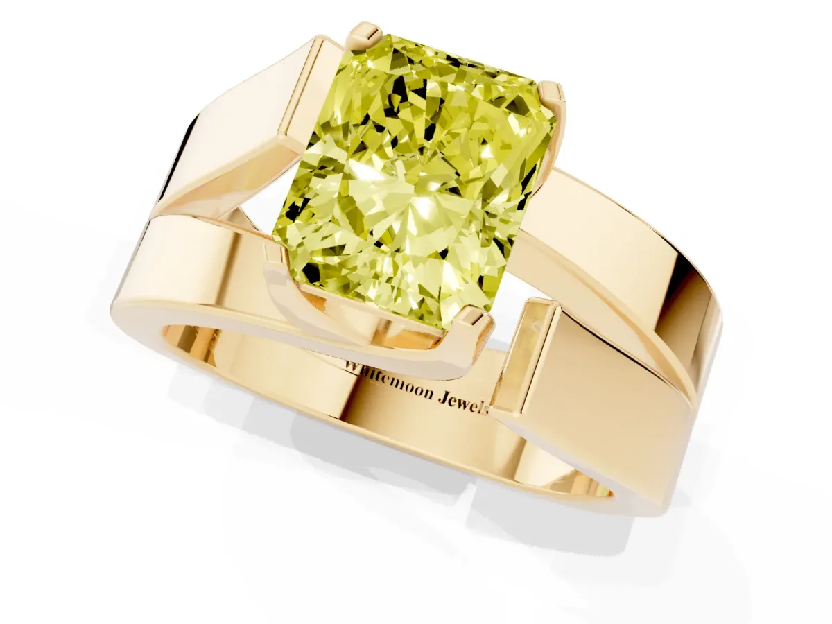 Fancy Yellow Modern Tension Set Radiant Cut Diamond Solitaire Wide Band Ring Yellow gold