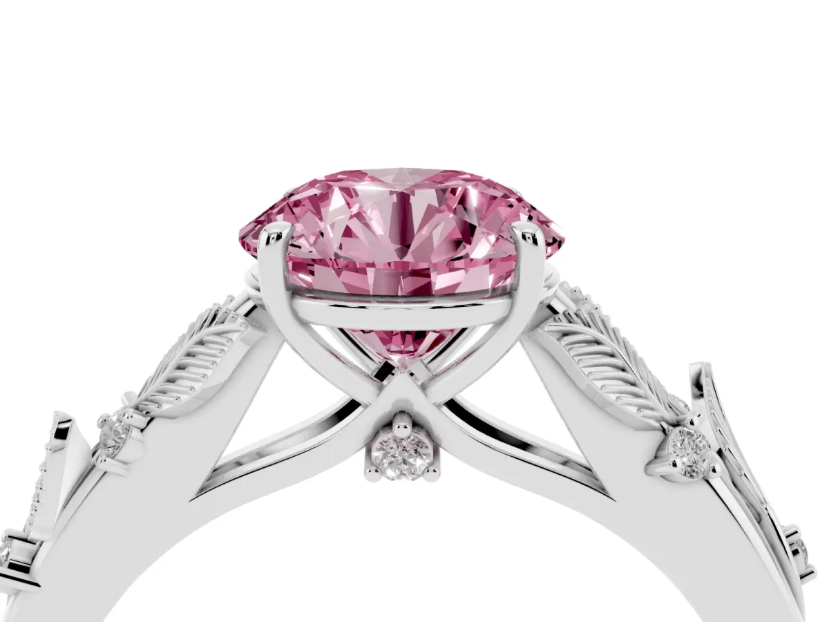 Fancy Pink Round Cut Diamond Solitaire Ring with Leaf Motif Band and Four-Prong Setting Platinum