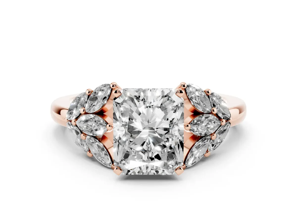 Radiant Cut Diamond Cluster Leaf Design Ring with Prong Setting Rose gold
