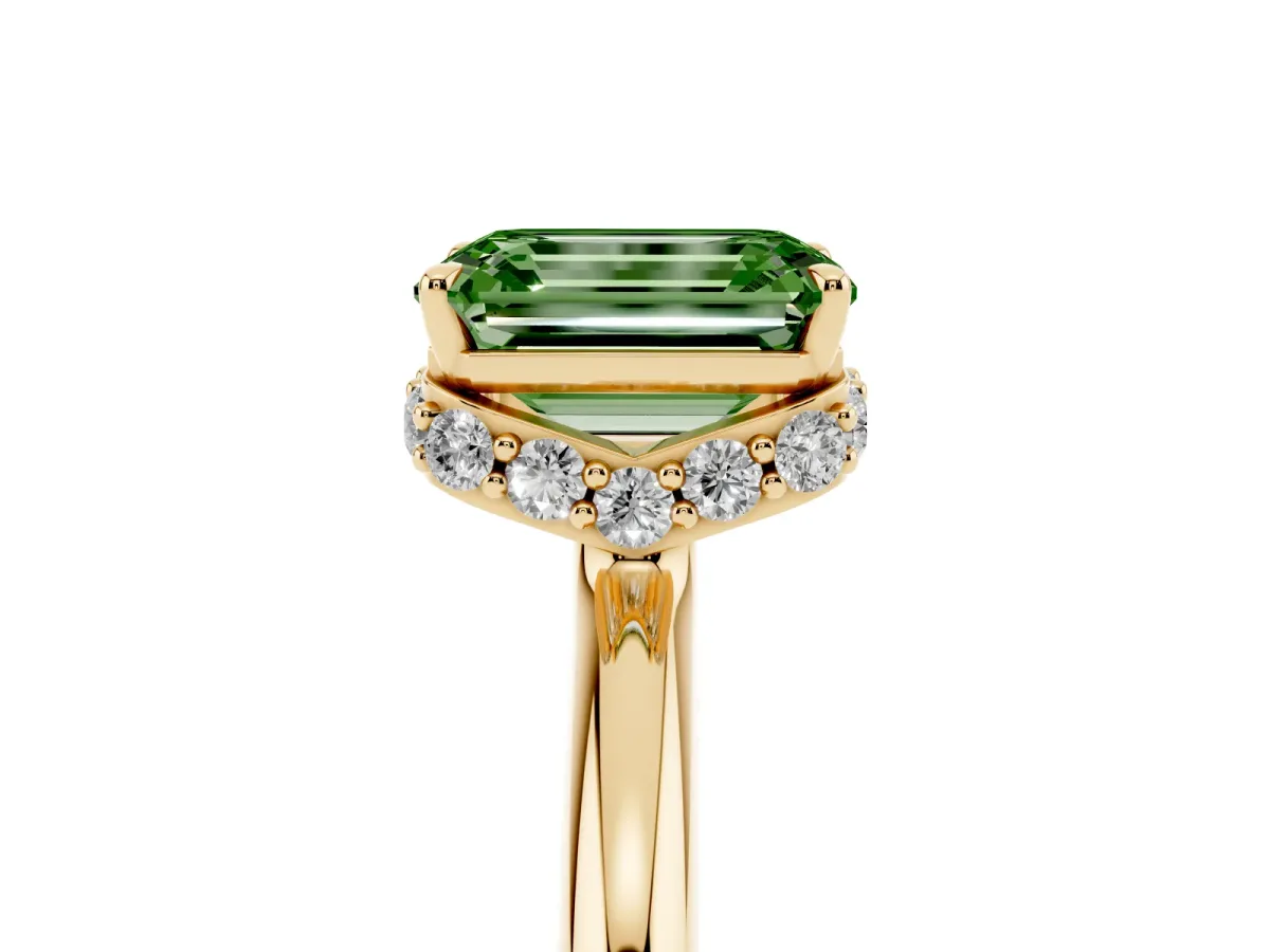 Fancy Green Emerald Cut Brilliant Solitaire Engagement Ring with Six-Prong Setting and Classic Band Yellow gold