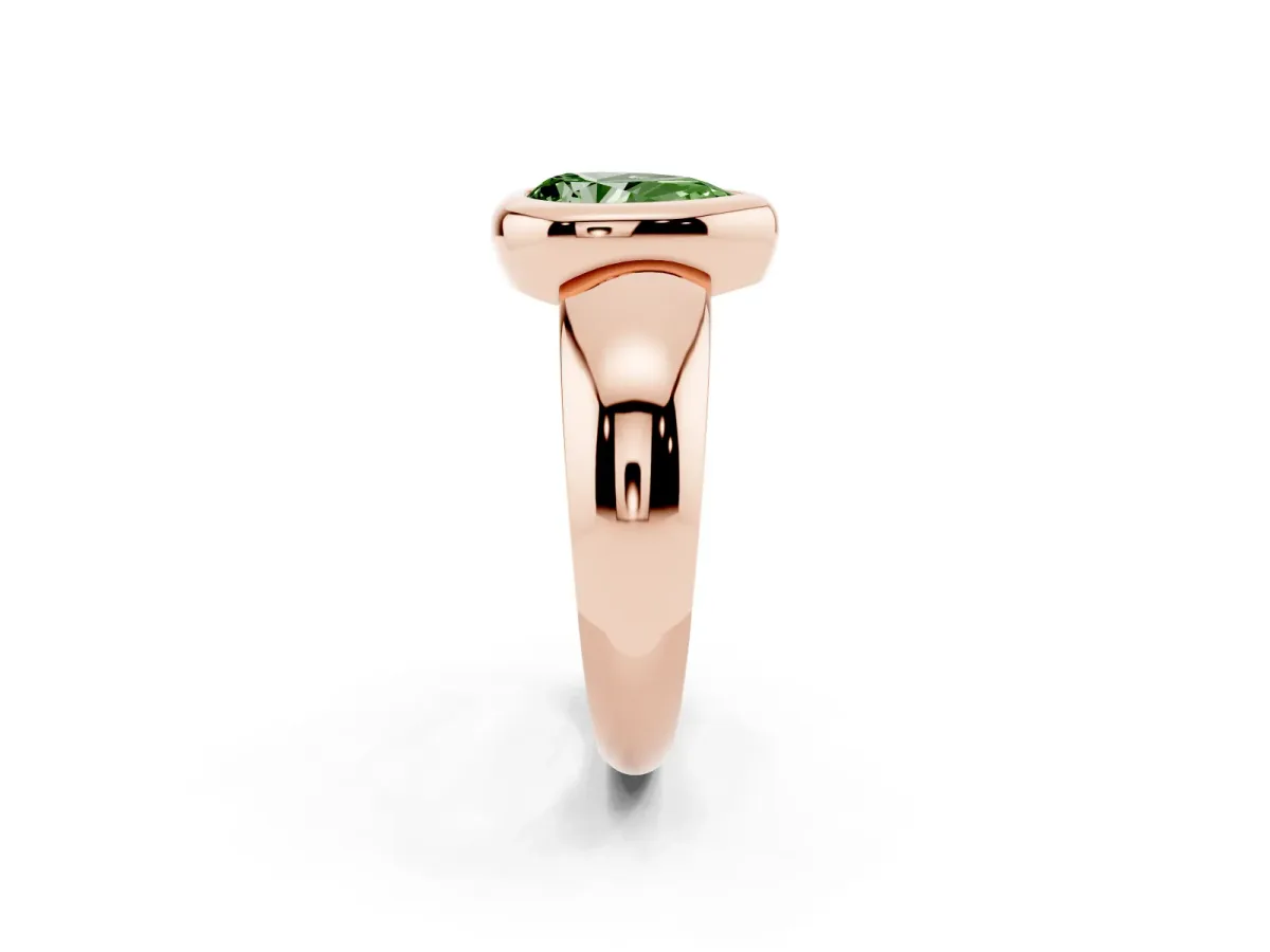 Fancy Green Bezel Set Pear Cut Solitaire Ring with Wide Band Rose gold