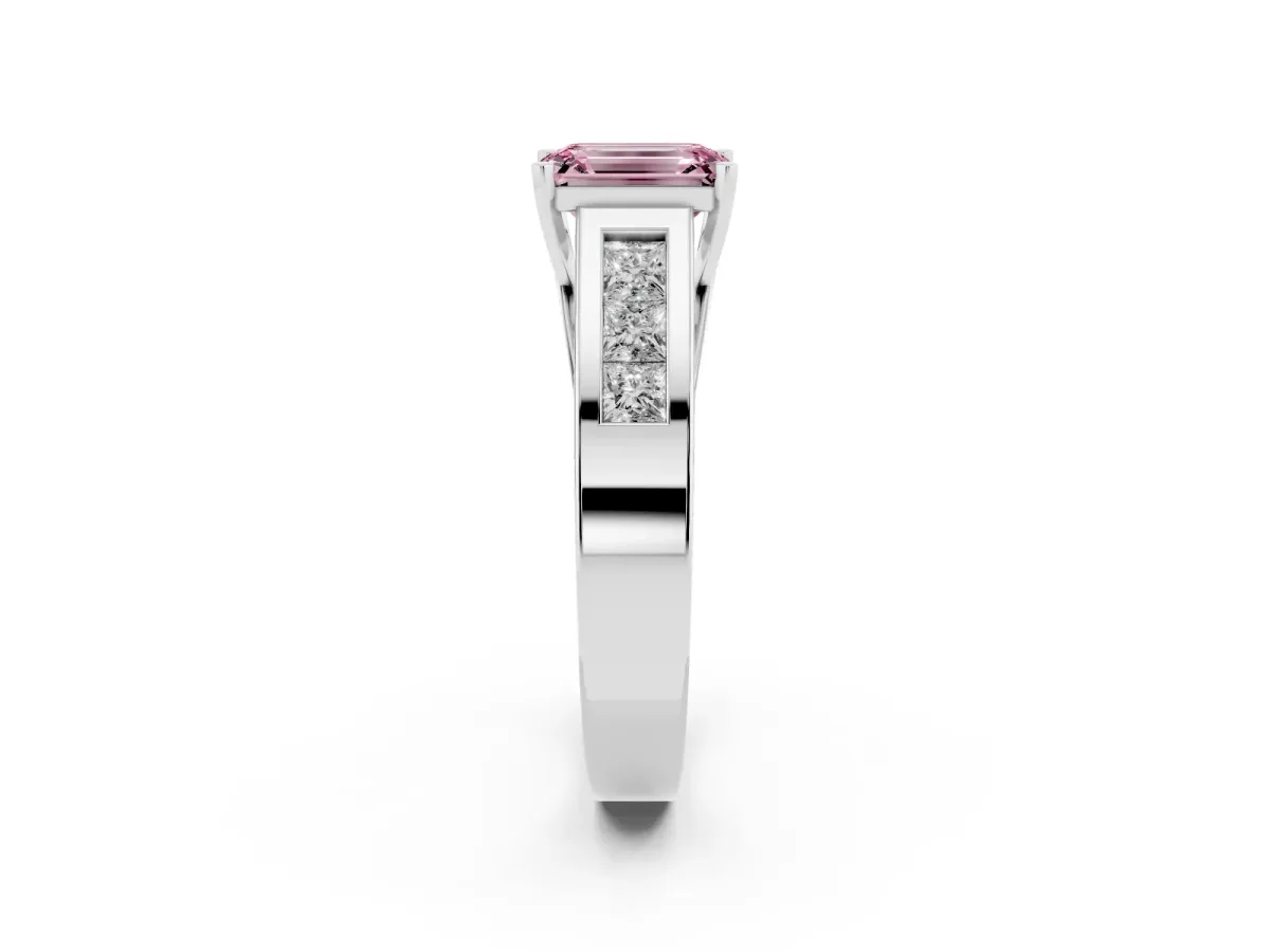 Fancy Pink Emerald Cut Cut Channel Set Solitaire Ring with Four-Prong Setting Platinum