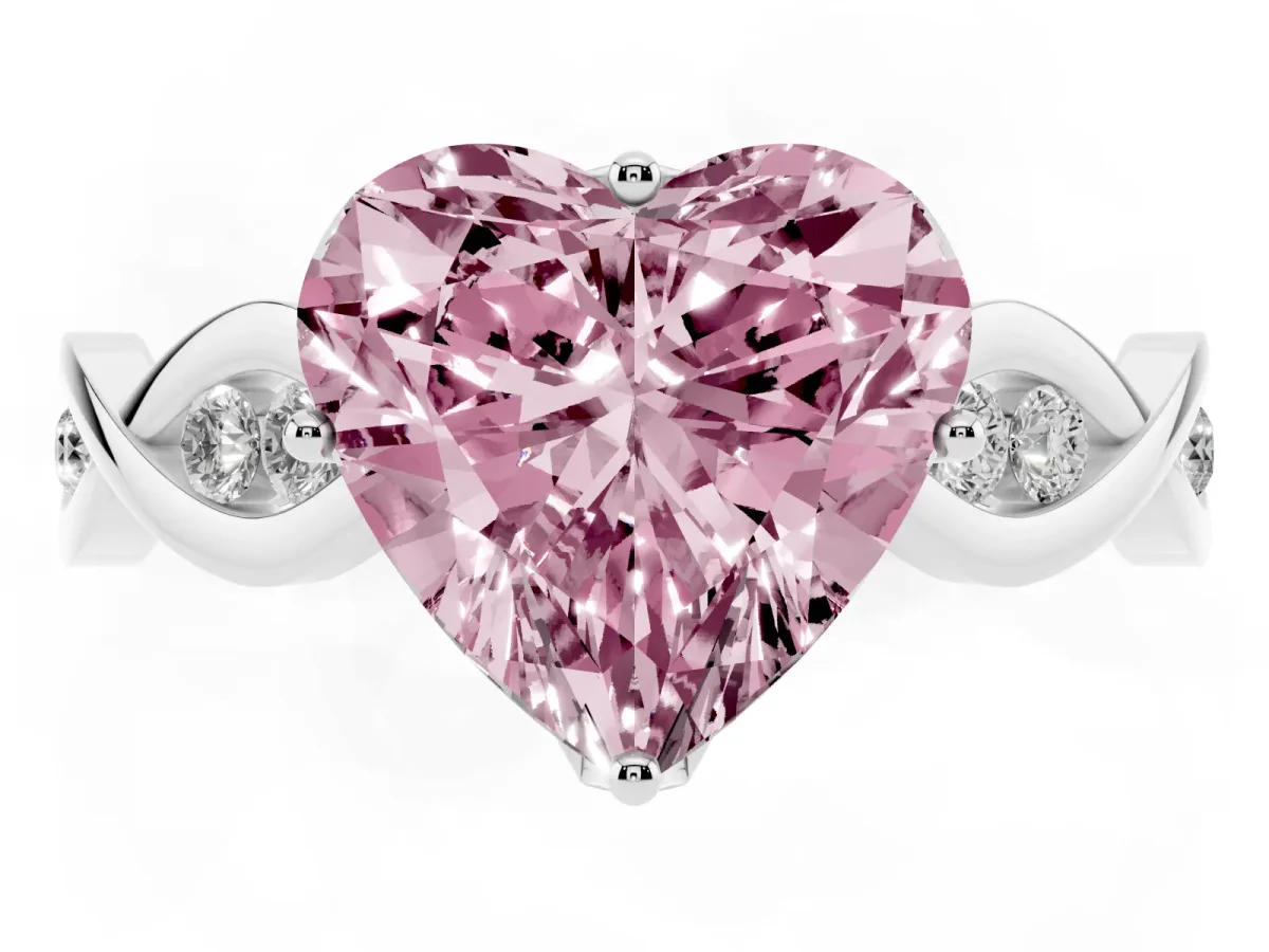 Fancy Pink Heart Cut Solitaire Twist Band with Leaf Prong Setting Platinum