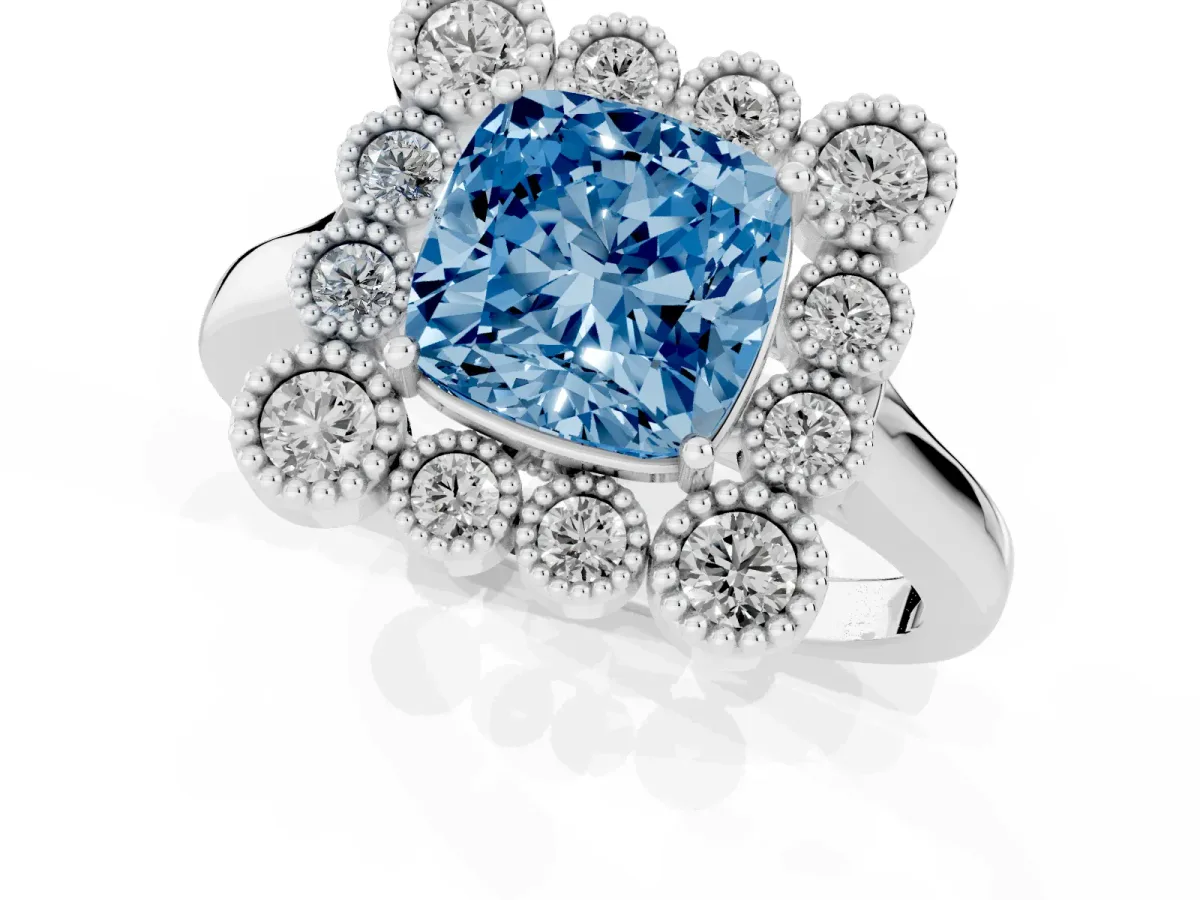 Fancy Blue Cushion Cut Halo Diamond Cluster Engagement Ring with Milgrain Bezel Setting and Solitaire Band White gold