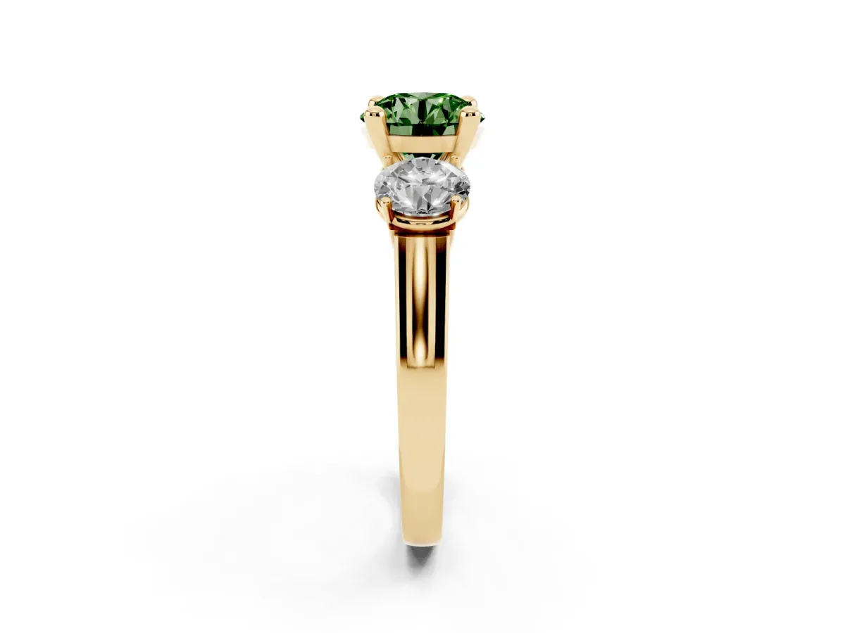 Fancy Green Three-Stone Round Cut Brilliant Diamond Trellis Ring with Comfort Fit Band Yellow gold