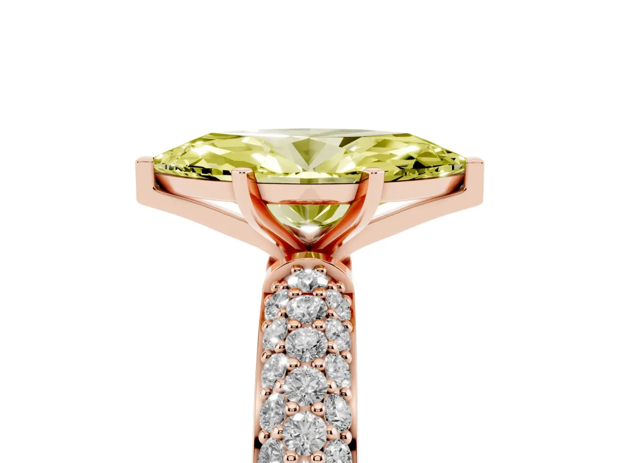 Fancy Yellow Marquise Cut Diamond Solitaire Ring with Prong Setting and Pavé Band Rose gold