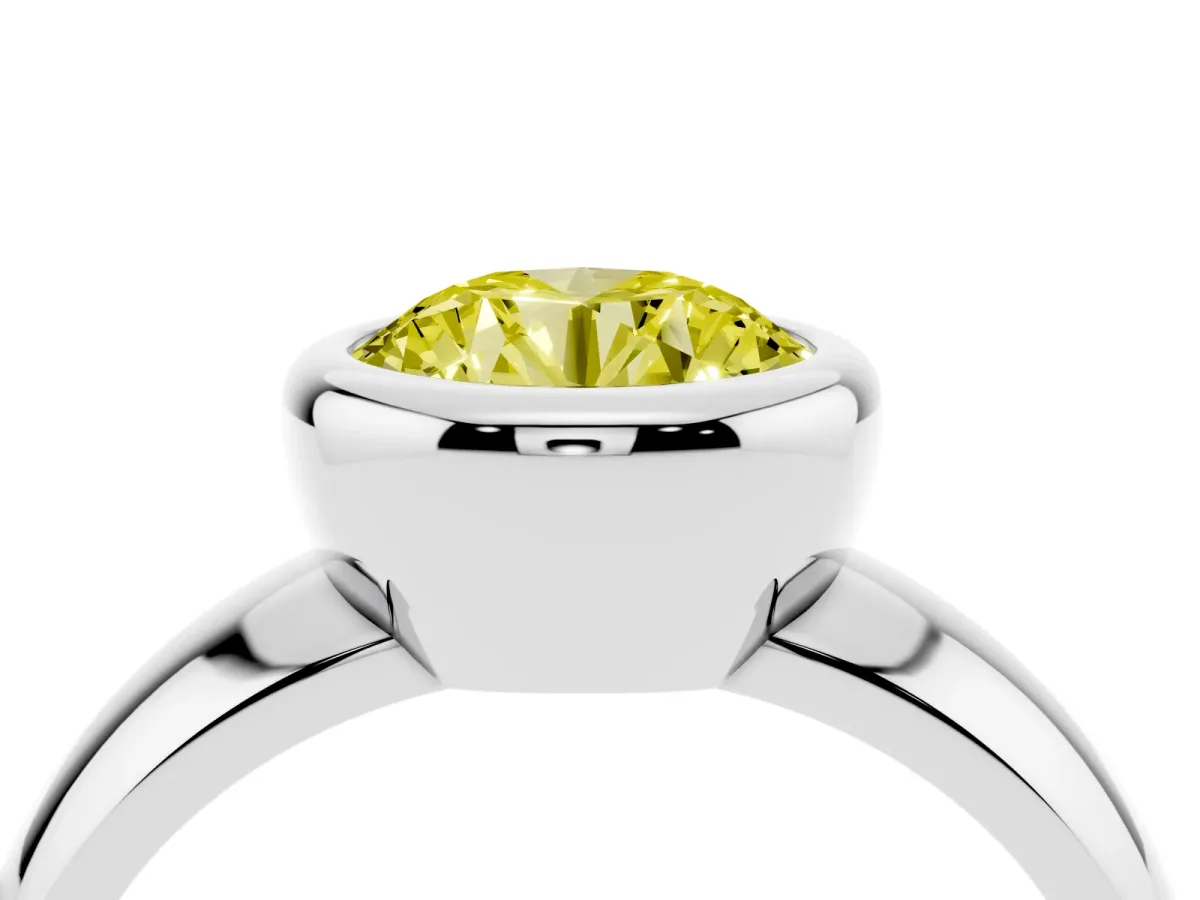 Fancy Yellow Bezel Set Round Cut Solitaire Ring with Wide Band Platinum