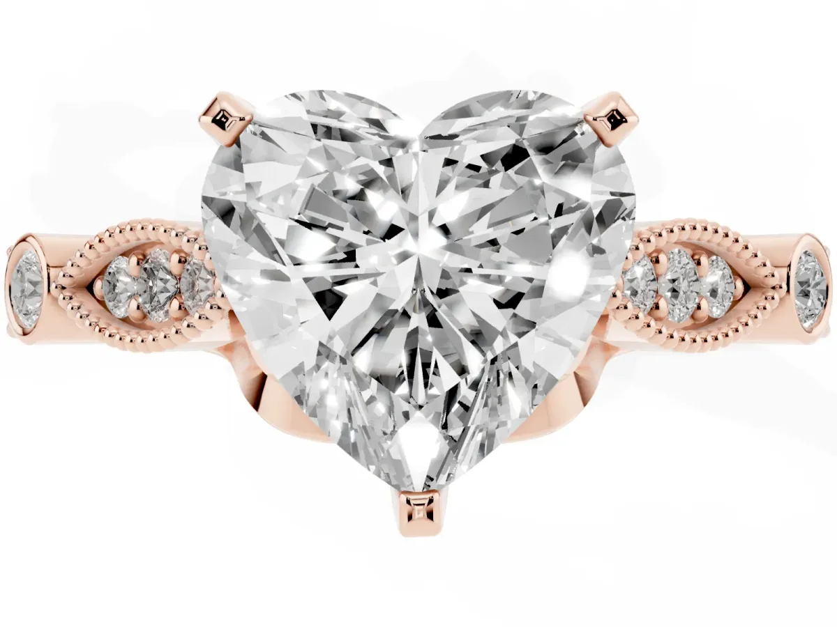 Heart Cut Cut Diamond with Milgrain Marquise and Bezel Accents on a Solitaire Band with Prong Setting Rose gold