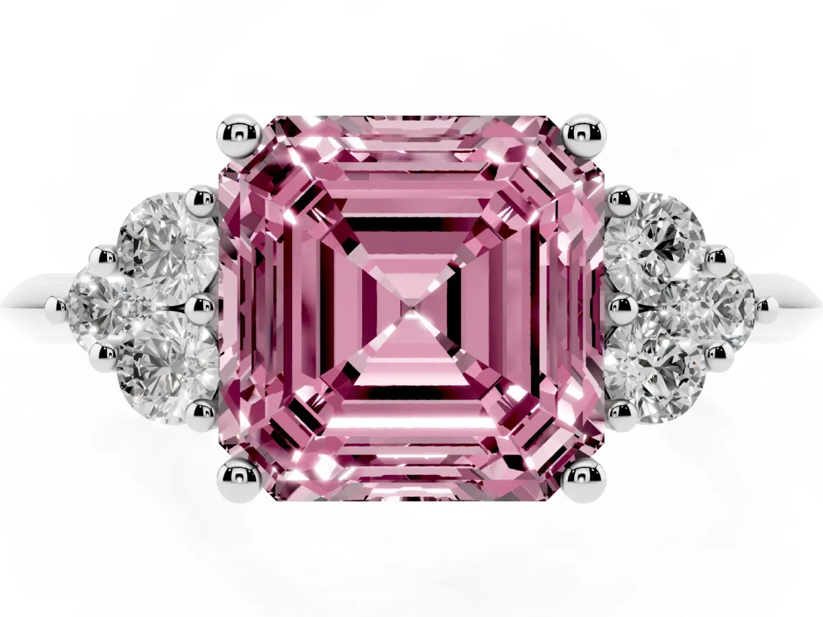 Fancy Pink Asscher Cut Cut Diamond Cluster Ring with Solitaire Band and Four-Prong Setting Silver