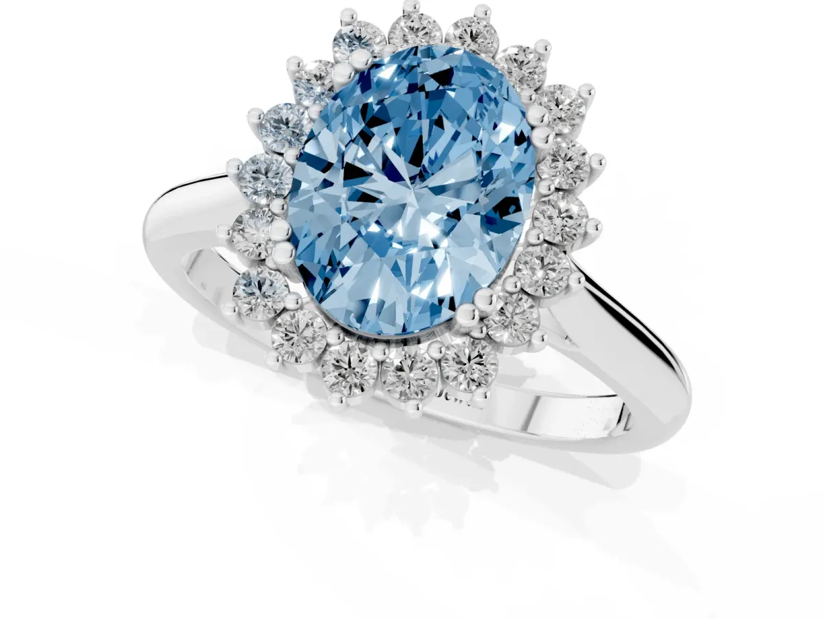 Fancy Blue Oval Cut Cut Diamond Halo Ring with Solitaire Band and Prong Setting Silver