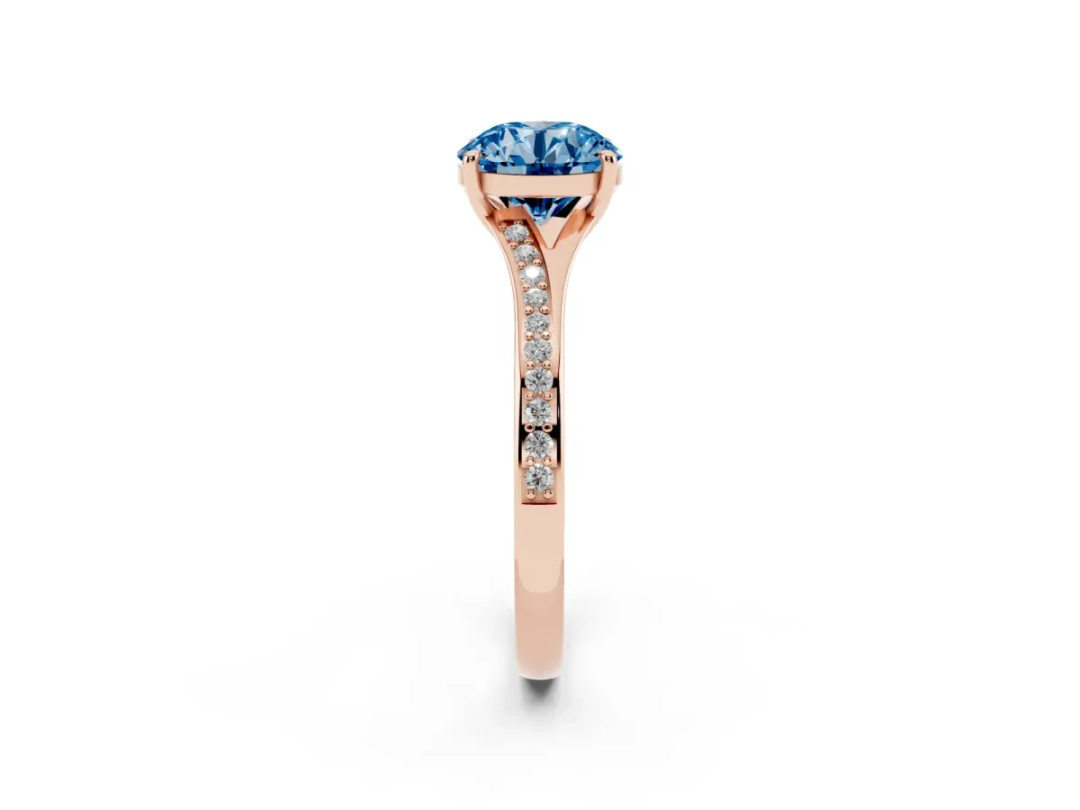 Fancy Blue Round Cut Diamond Solitaire Ring with Pavé Band and Prong Setting Rose gold