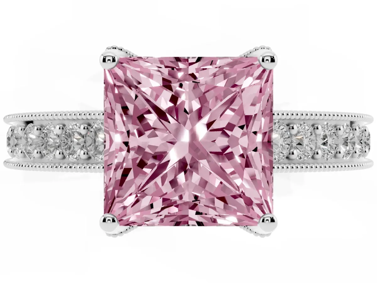 Fancy Pink Princess Cut Cut Diamond Solitaire Ring with Milgrain Pave Band and Four Prong Setting Silver