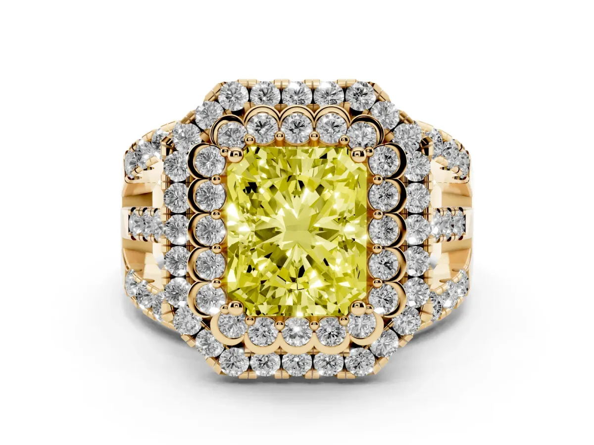 Fancy Yellow Radiant Cut Diamond Double Halo Ring with Round Pavé Split Shank and Prong Setting Yellow gold