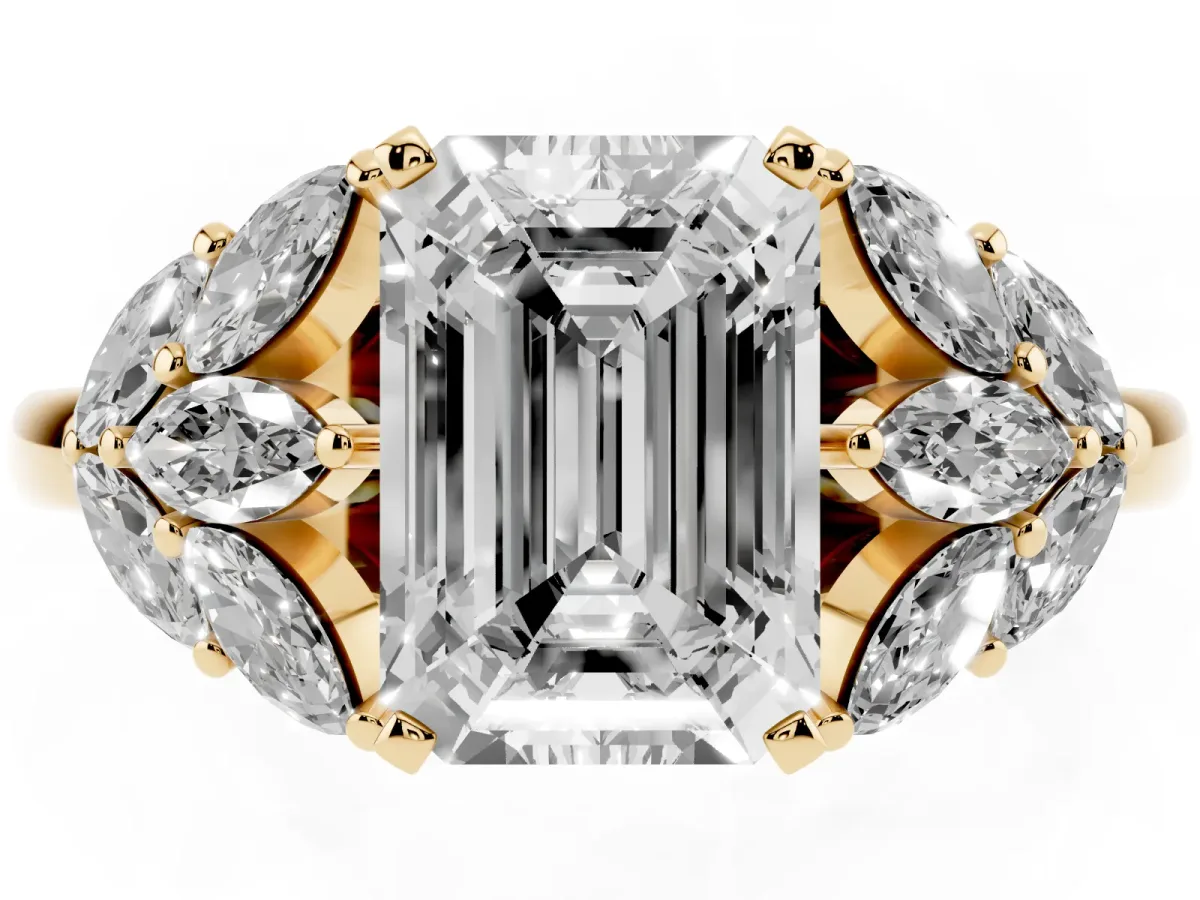 Emerald Cut Diamond Cluster Leaf Design Ring with Prong Setting Yellow gold