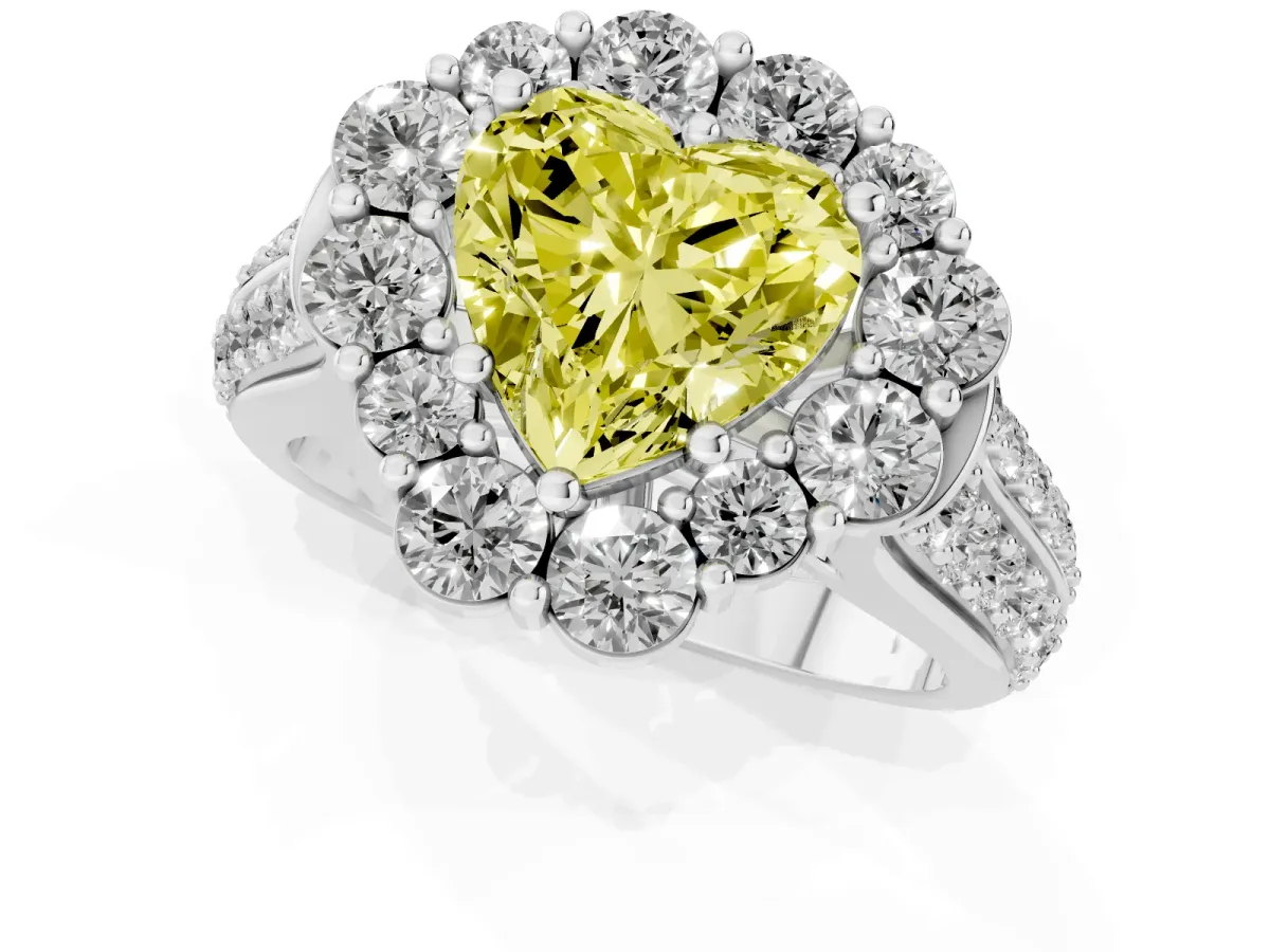 Fancy Yellow Heart Cut Halo Diamond Engagement Ring with Split Shank and Prong Setting Silver