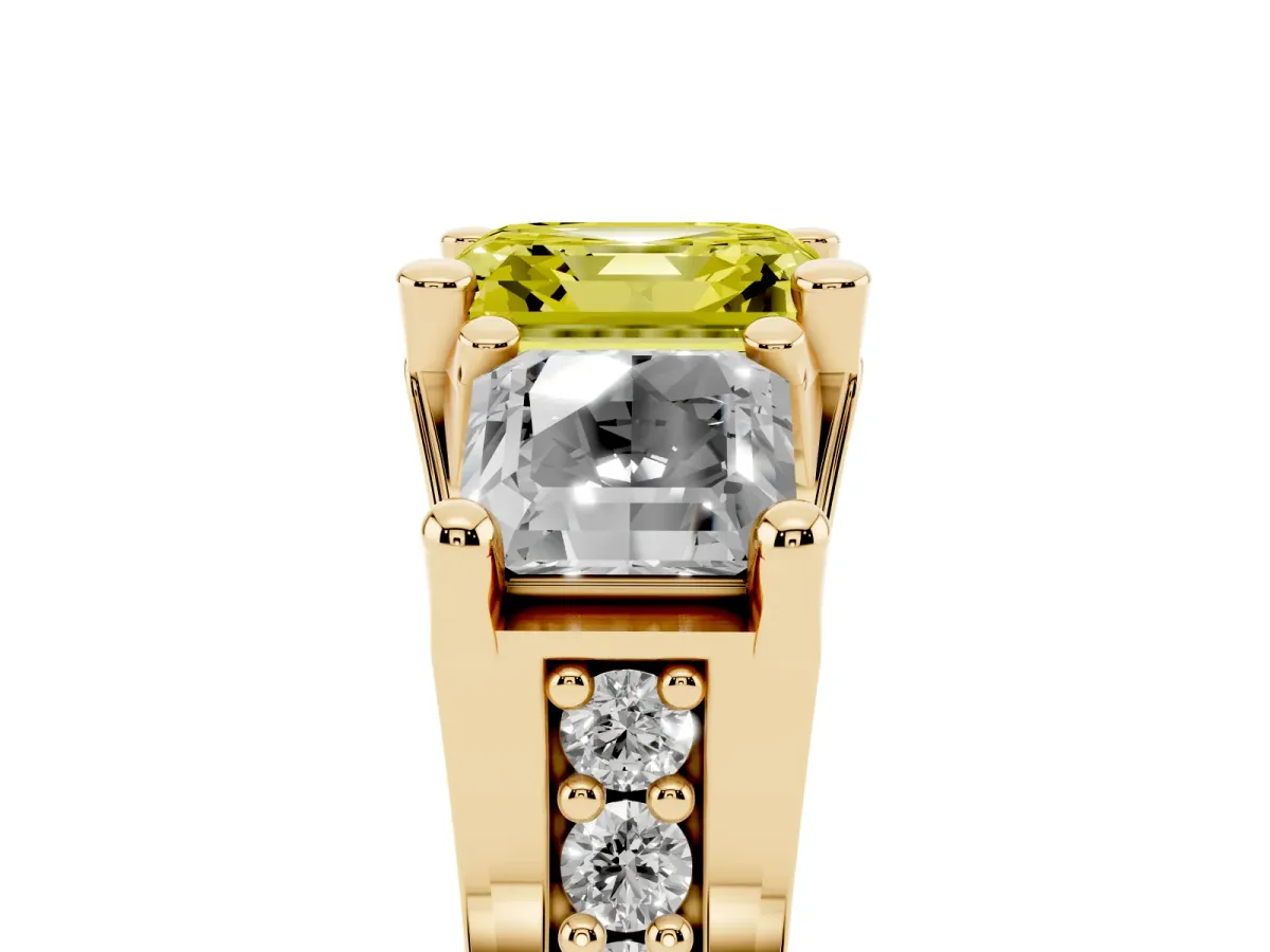 Fancy Yellow Asscher Cut Diamond Three-Stone Ring with Channel Set Band and Four-Prong Setting Yellow gold