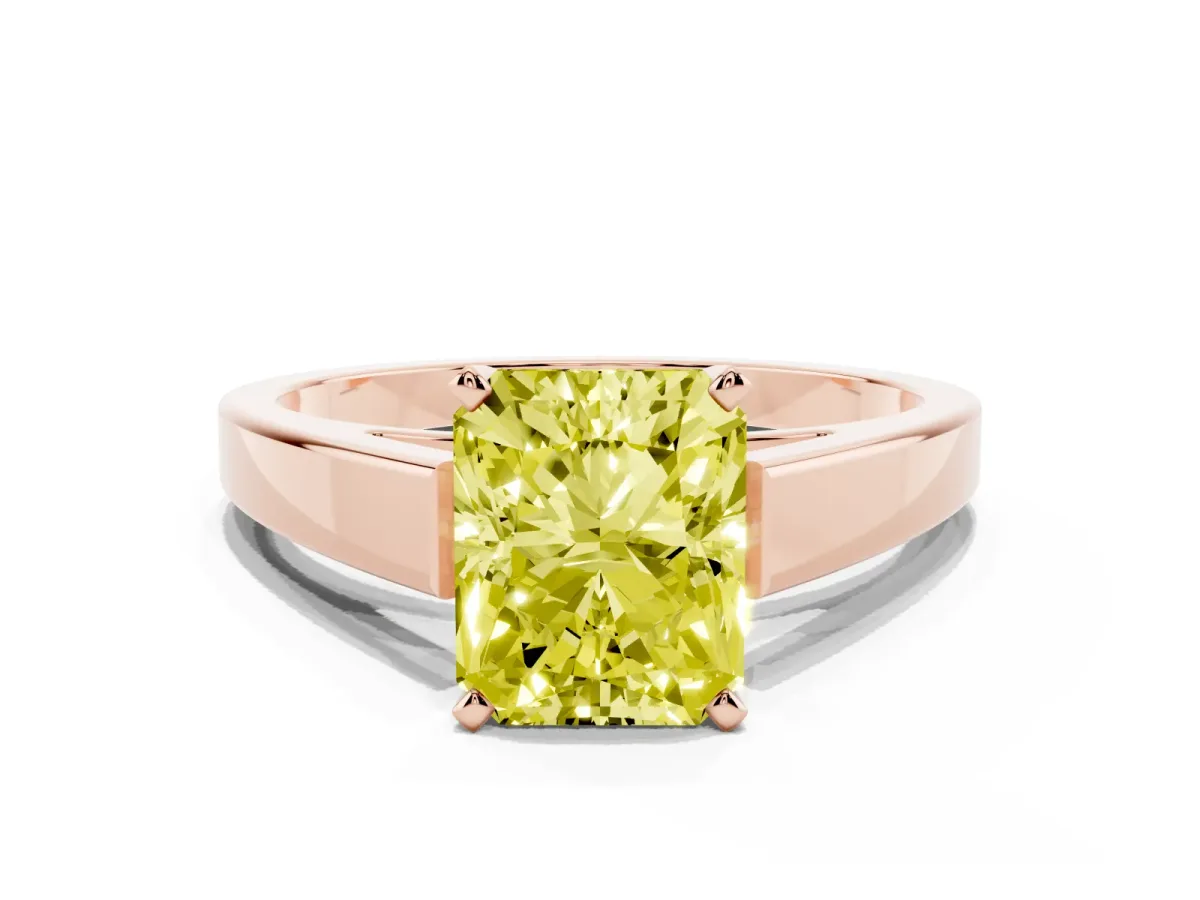Fancy Yellow Radiant Cut Solitaire Engagement Ring with Four-Prong Setting and Tapered Band Rose gold