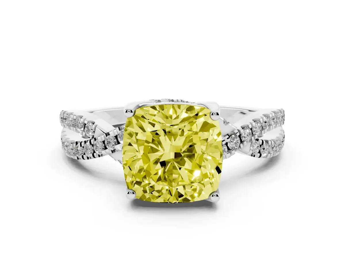 Fancy Yellow Cushion Cut Solitaire Twist Pave Diamond Engagement Ring with Prong Setting Silver