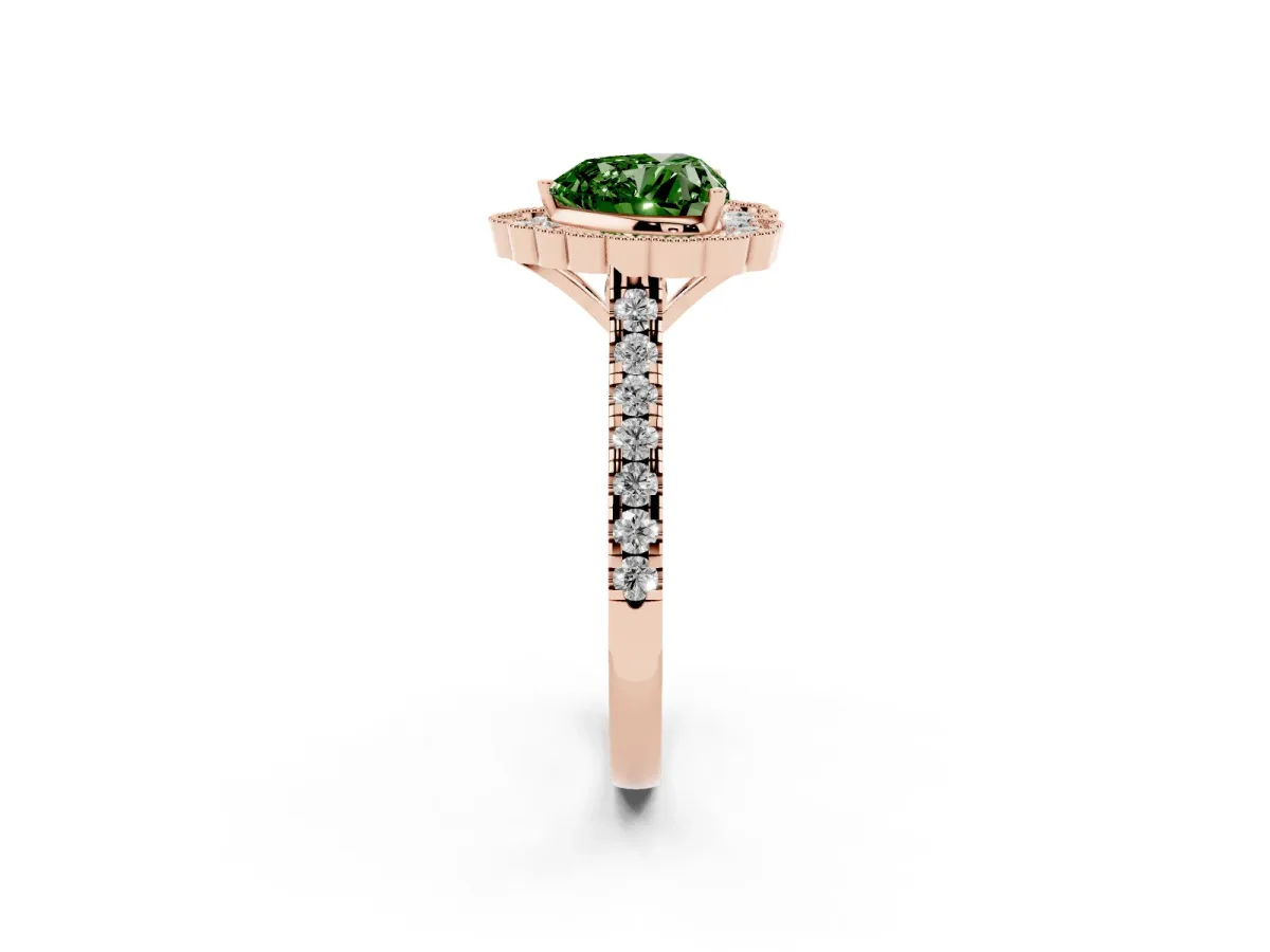 Fancy Green Heart Cut Cut Diamond Milgrain Floral Halo Engagement Ring with Pavé Band Rose gold
