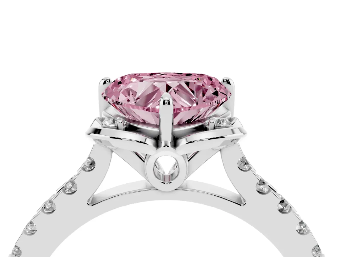 Fancy Pink Heart Cut Diamond Ring with Pavé Band and Floral Prong Setting Platinum
