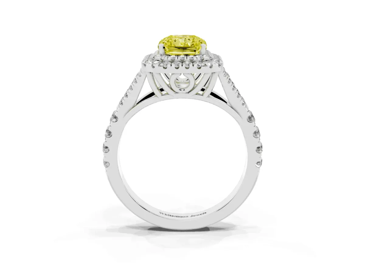 Fancy Yellow Radiant Cut Cut Double Halo Split Shank Diamond Ring with Prong Setting White gold