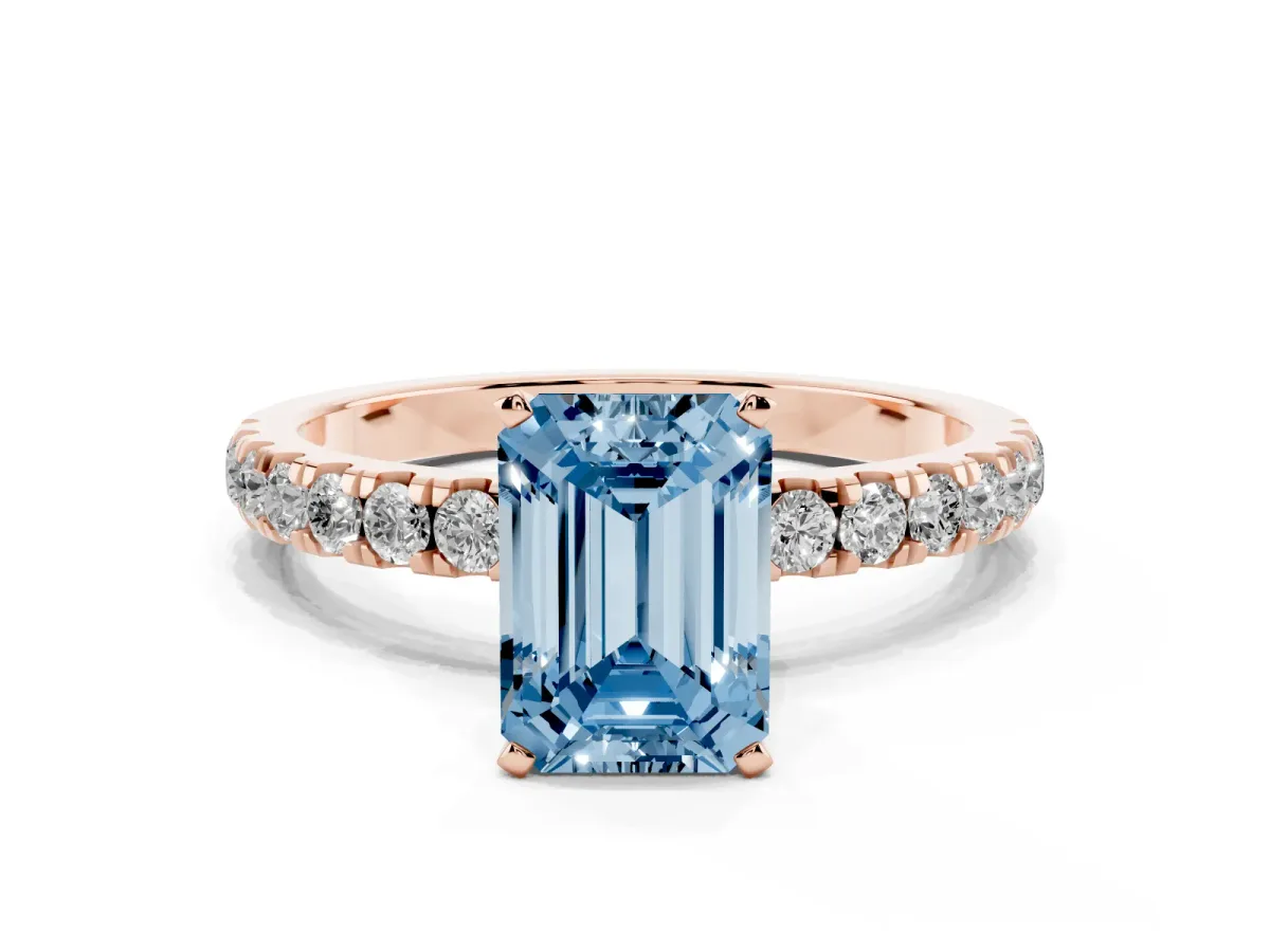 Fancy Blue Emerald Cut Diamond Solitaire Ring with Pavé Accents and Four-Prong Setting Rose gold