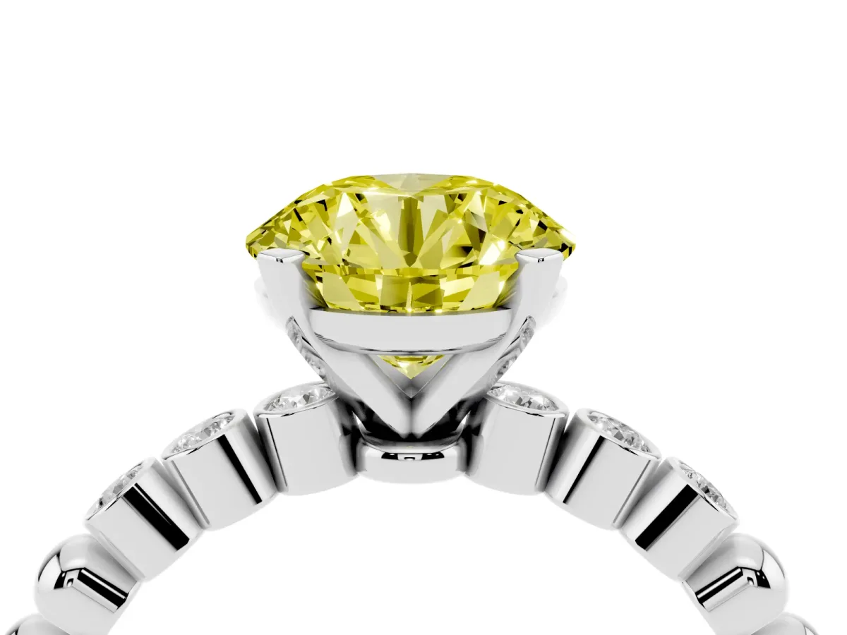 Fancy Yellow Round Cut Solitaire Bezel Accent Diamond Engagement Ring with Beaded Band and Four-Prong Setting Silver